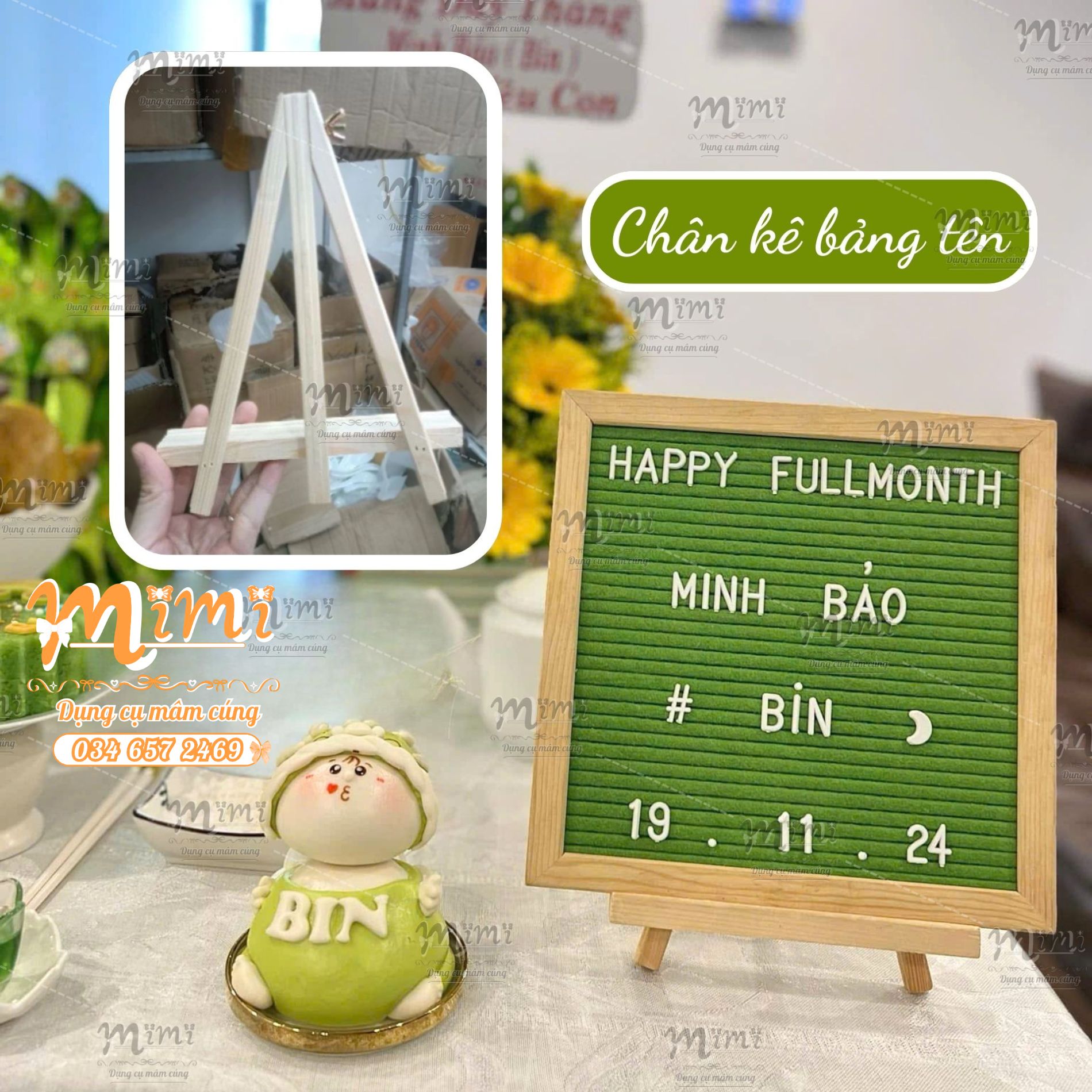 Chân gỗ kê bảng tên decor tiệc sinh nhật, thôi nôi